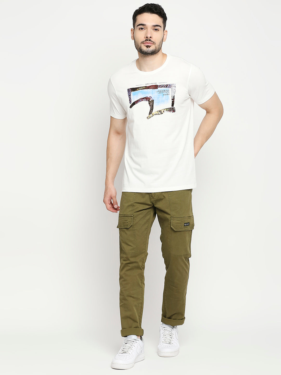 Spykar Off White Cotton Half Sleeve Printed Casual T-Shirt For Men