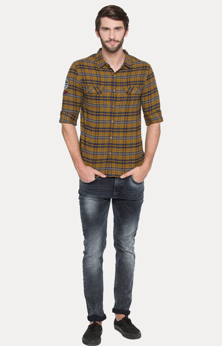 Spykar Men'S Yellow Cotton Checked Casual Shirts