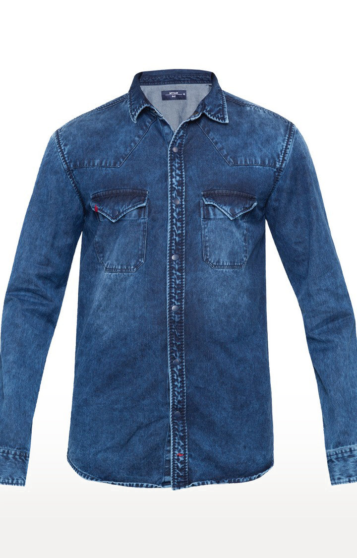 Spykar Men'S Blue Cotton Solid Casual Shirts