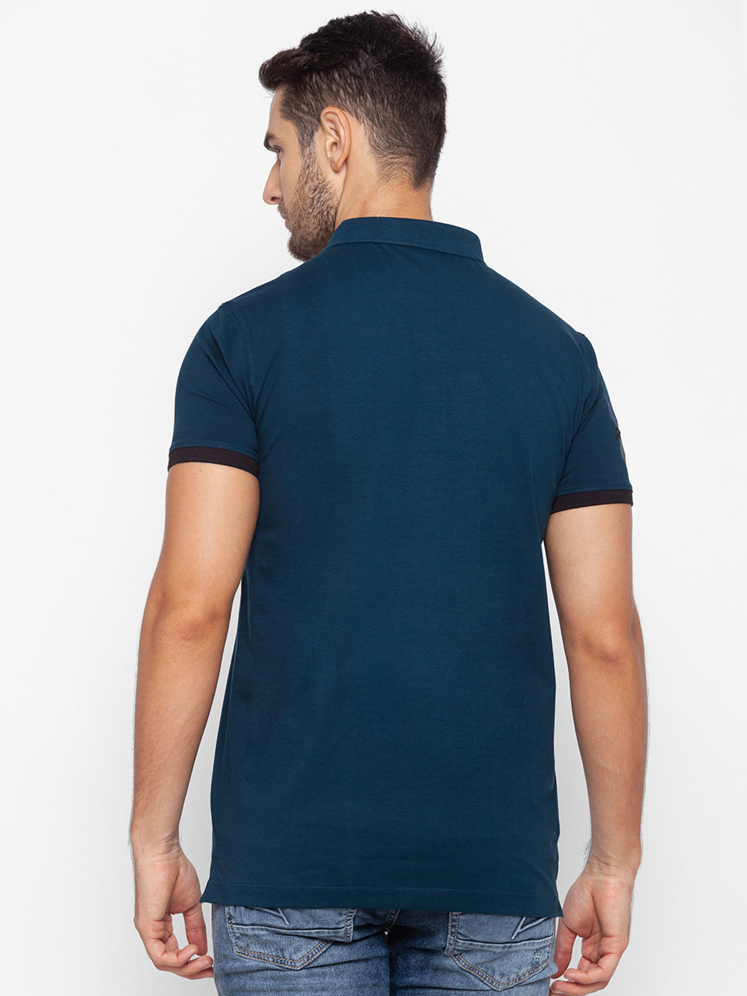 Spykar Men Blue Cotton Slim Fit Polo T-Shirt