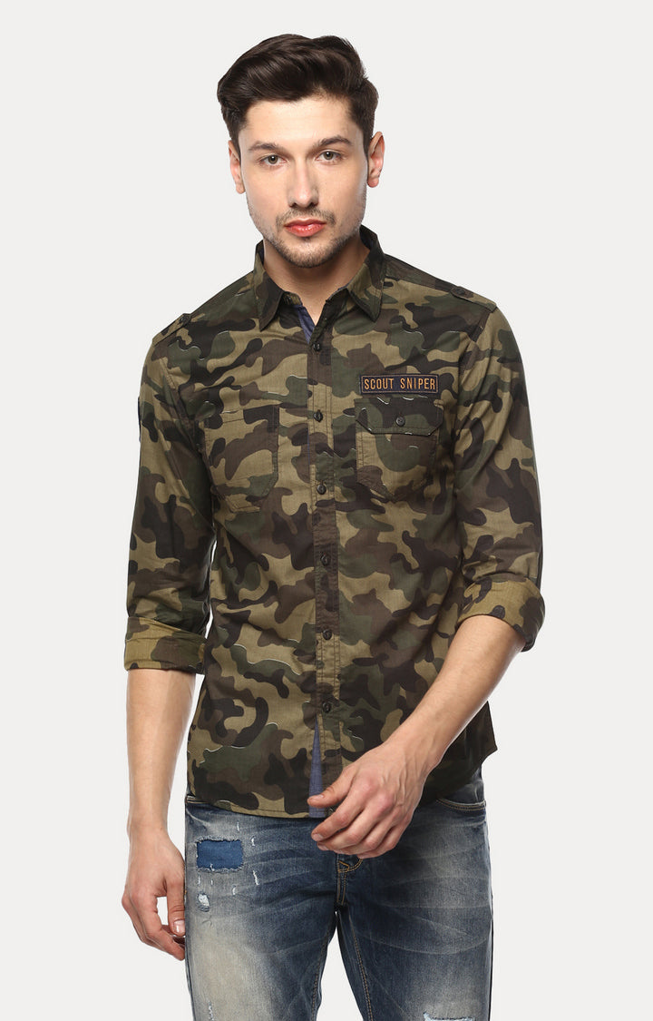 Spykar Men'S Green Cotton Camouflage Casual Shirts