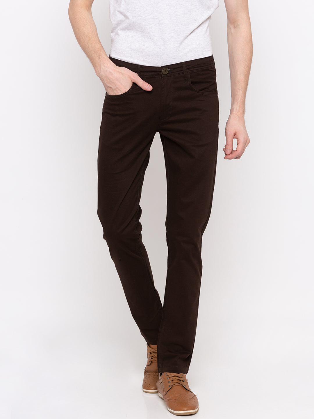 Spykar Men Brown Cotton Slim Fit Casual Trousers