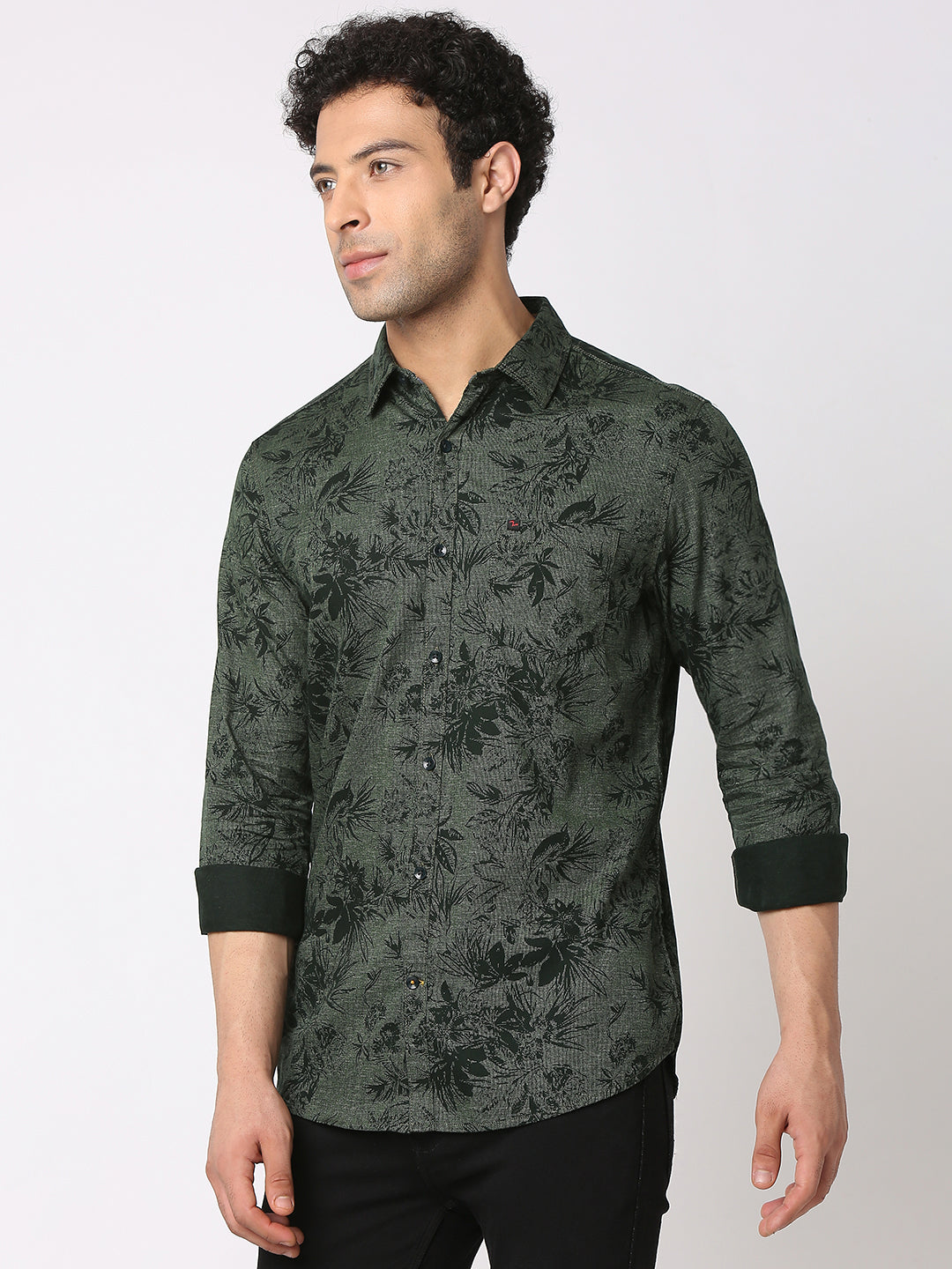 Spykar Men Olive Cotton Slim Fit Printed Shirts