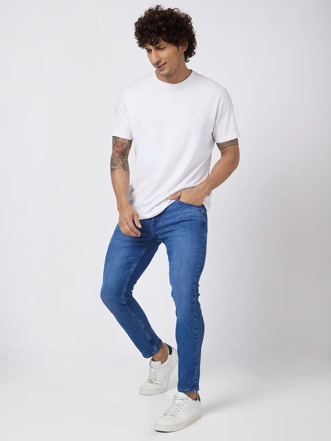 Spykar Men Mid Blue Cotton Stretch Slim Fit Tapered Length Clean Look Mid Rise Jeans (Kano)