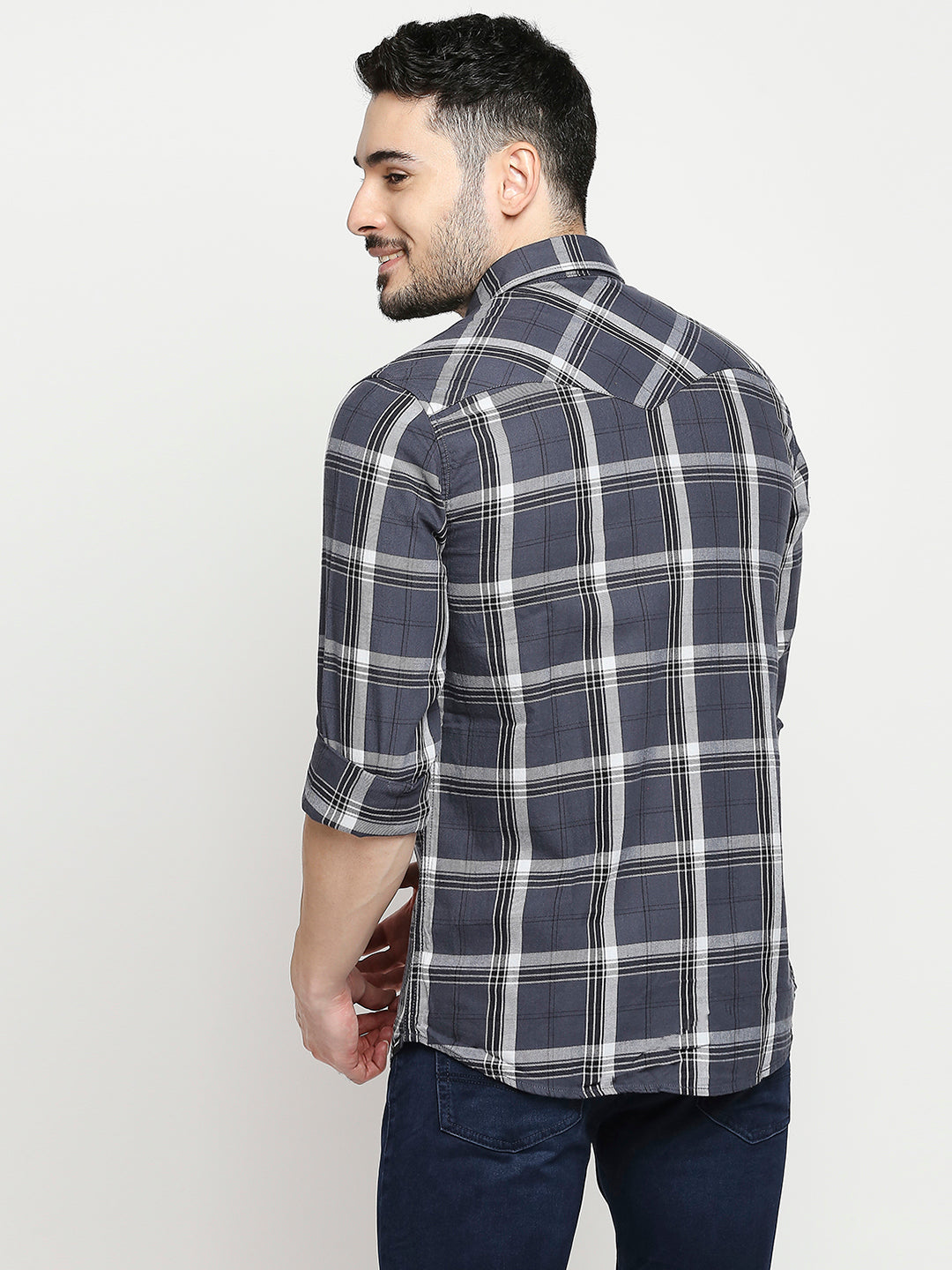 Spykar Men Grey Cotton Slim Fit Full Sleeve Checkered Shirt