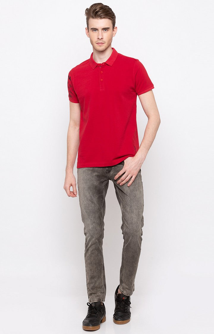 Spykar Red Solid Slim Fit Polo T-Shirt