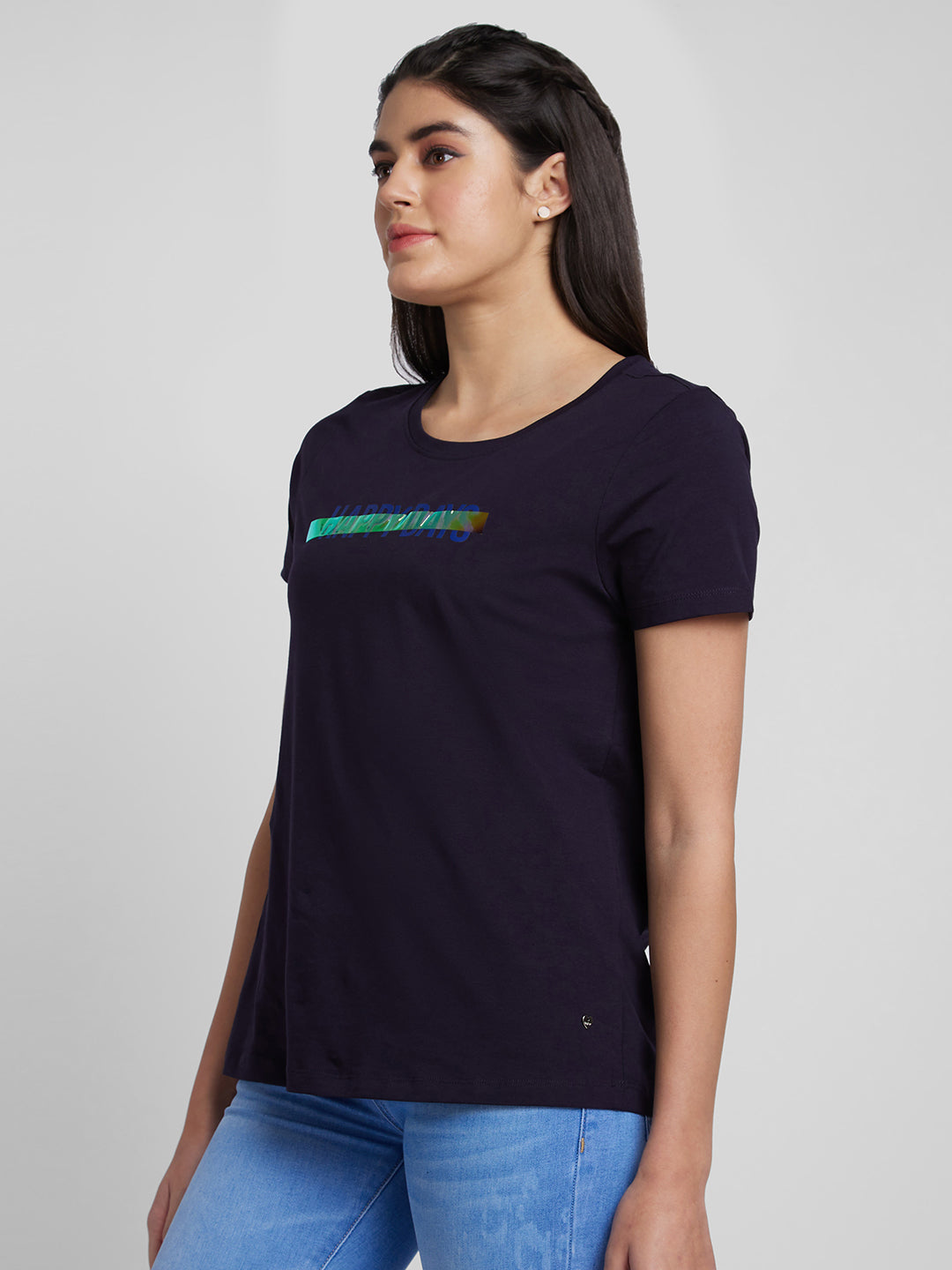 Spykar Women Navy Blue Blended Regular Fit Printed Round Neck Tshirt