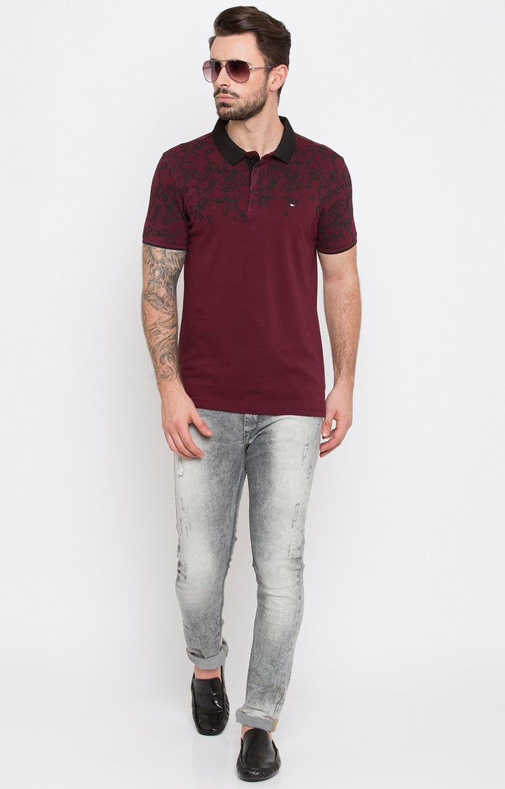 Spykar Wine Printed Slim Fit Polo T-Shirt