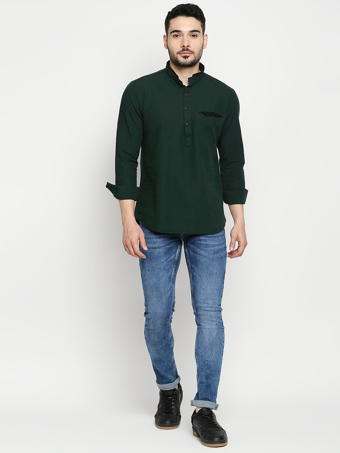 Spykar Bottle Green Cotton Full Sleeve Plain Kurta For Men