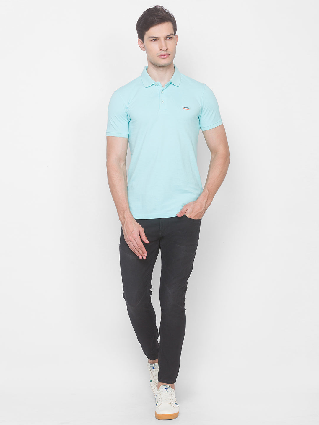 Spykar Men Blue Cotton Slim Fit Polo T-Shirt