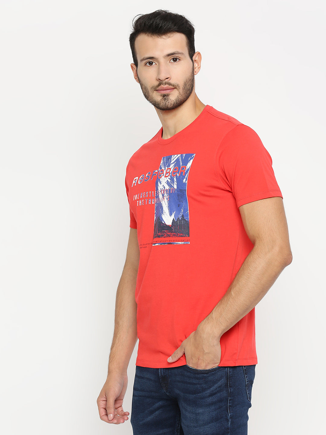 Spykar Coral Cotton Half Sleeve Printed Casual T-Shirt For Men