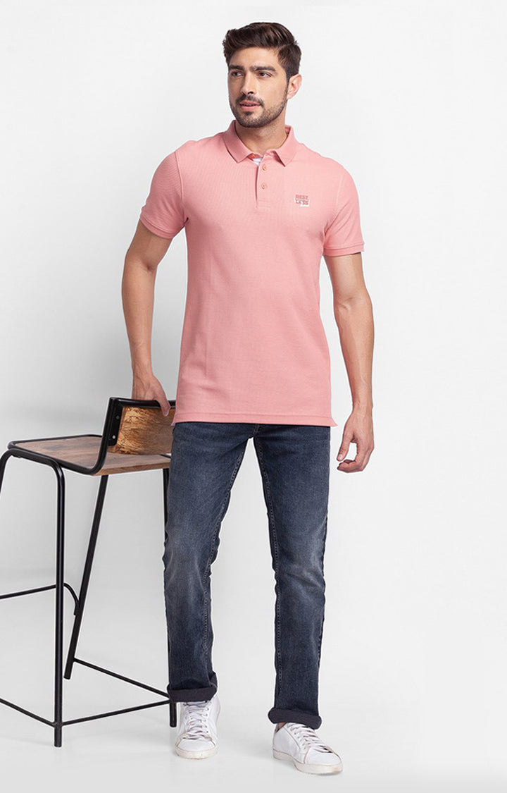 Spykar Peach Pink Cotton Half Sleeve Plain Casual Polo T-Shirt For Men