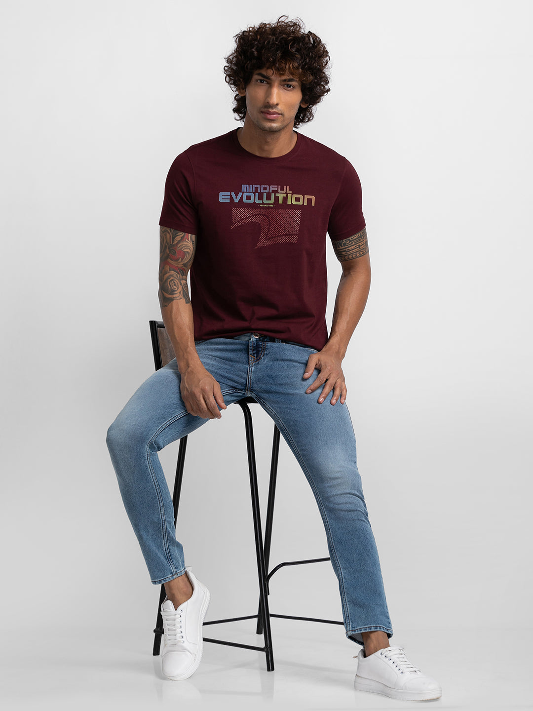 Spykar Wine Cotton Half Sleeve Printed Casual T-Shirt For Men