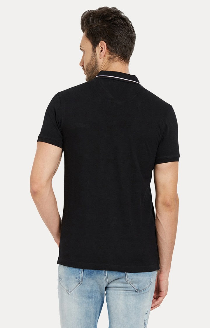 Spykar Black Solid Slim Fit Polo T-Shirt