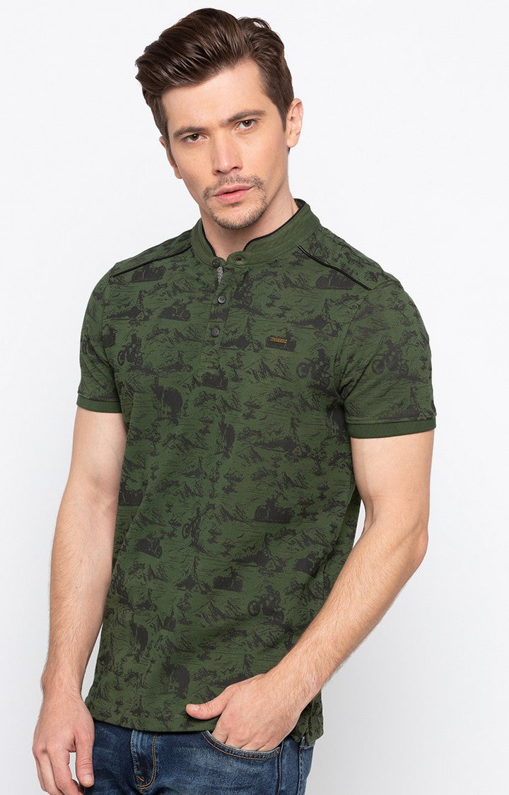 Spykar Olive Printed Slim Fit Men T-Shirts