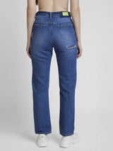 Spykar Women Mid Blue Cotton Straight Fit Regular Length Highly Distressed Jeans -(Bella)