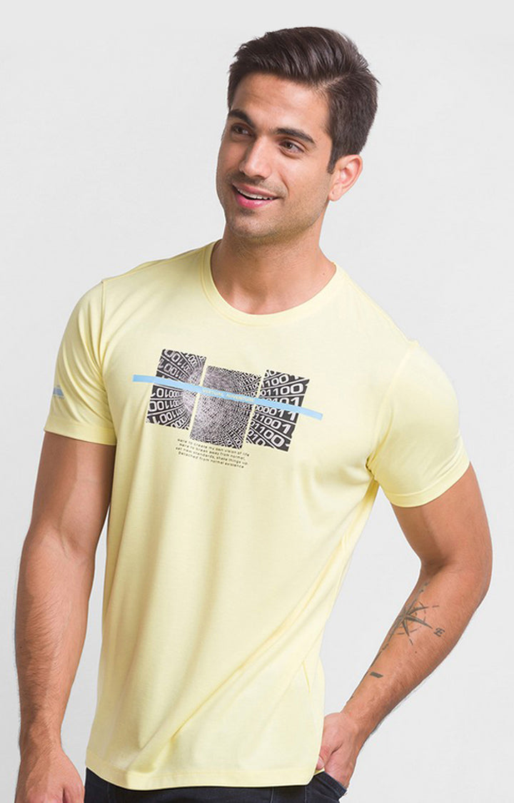 Spykar Butter Yellow Cotton Half Sleeve Printed Casual T-Shirt For Men