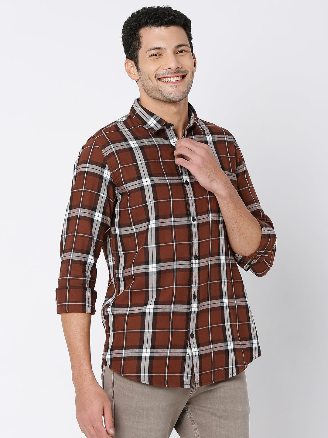 Spykar Men Brown Cotton Slim Fit Checkered Shirt