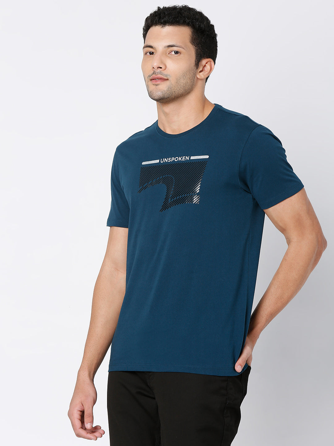 Spykar Teal Blue Cotton Half Sleeve Printed Casual T-shirt For Men