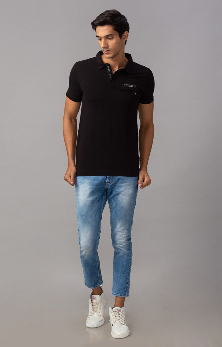 Spykar Black Cotton Slim Fit Polos T-Shirt For Men