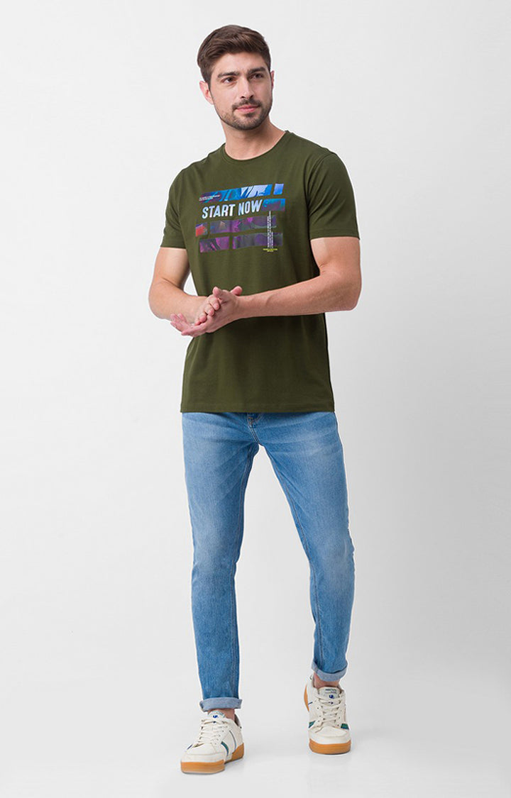 Spykar Rifle Green Cotton Half Sleeve Printed Casual T-Shirt For Men