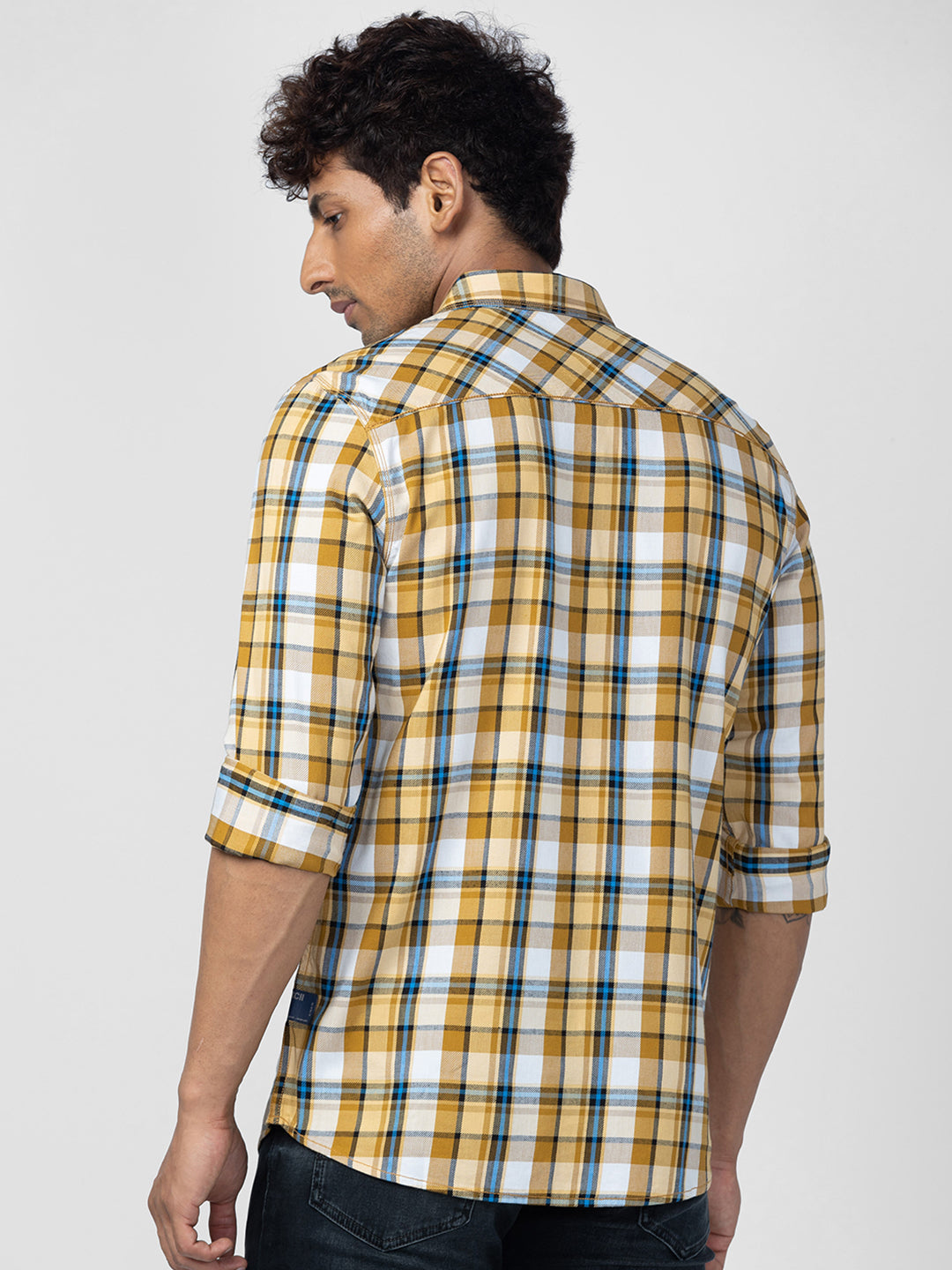 Spykar Men Camel Khaki Cotton Slim Fit Checkered Shirt