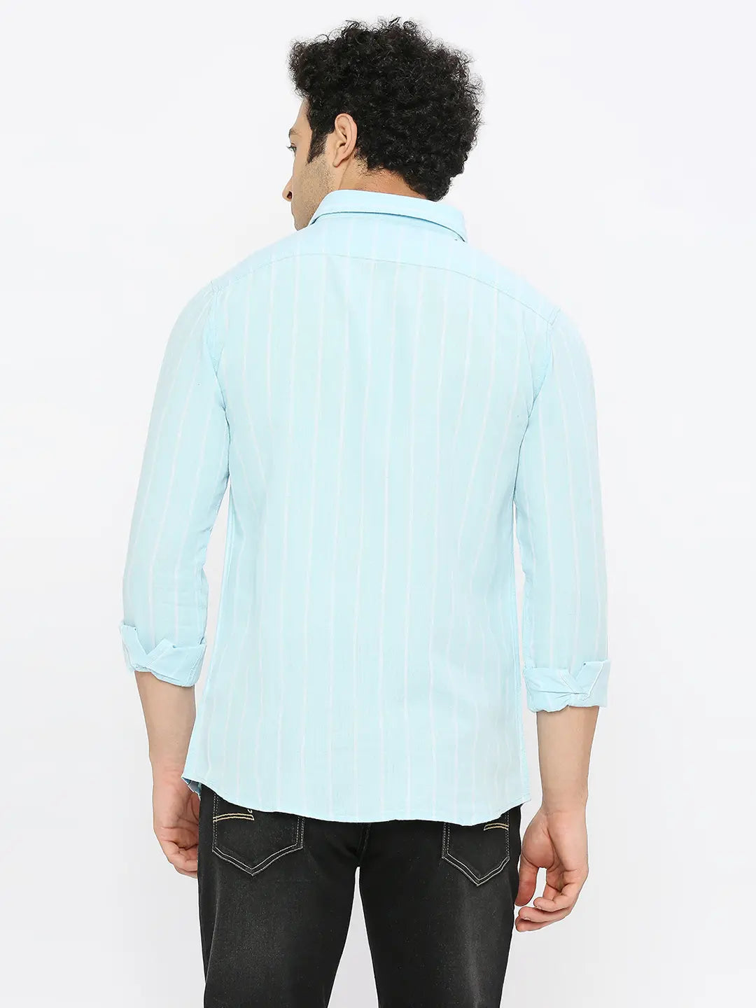 Spykar Men Sky Blue Cotton Linen Slim Fit Full Sleeve Striped Shirt