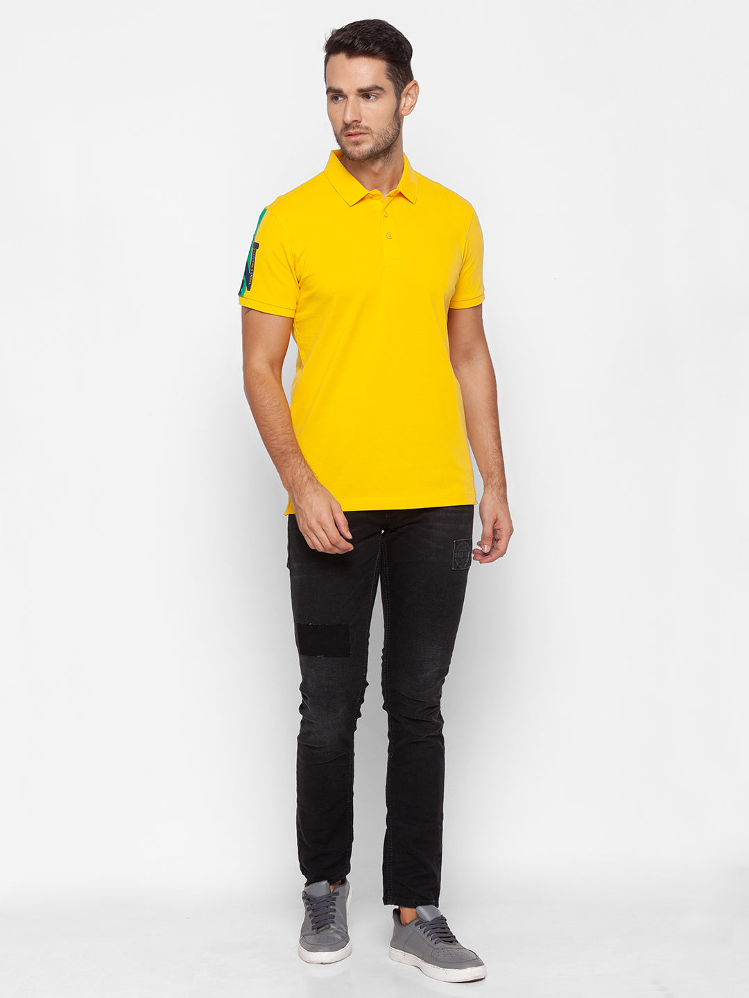 Spykar Men Yellow Cotton Slim Fit Polo T-Shirt