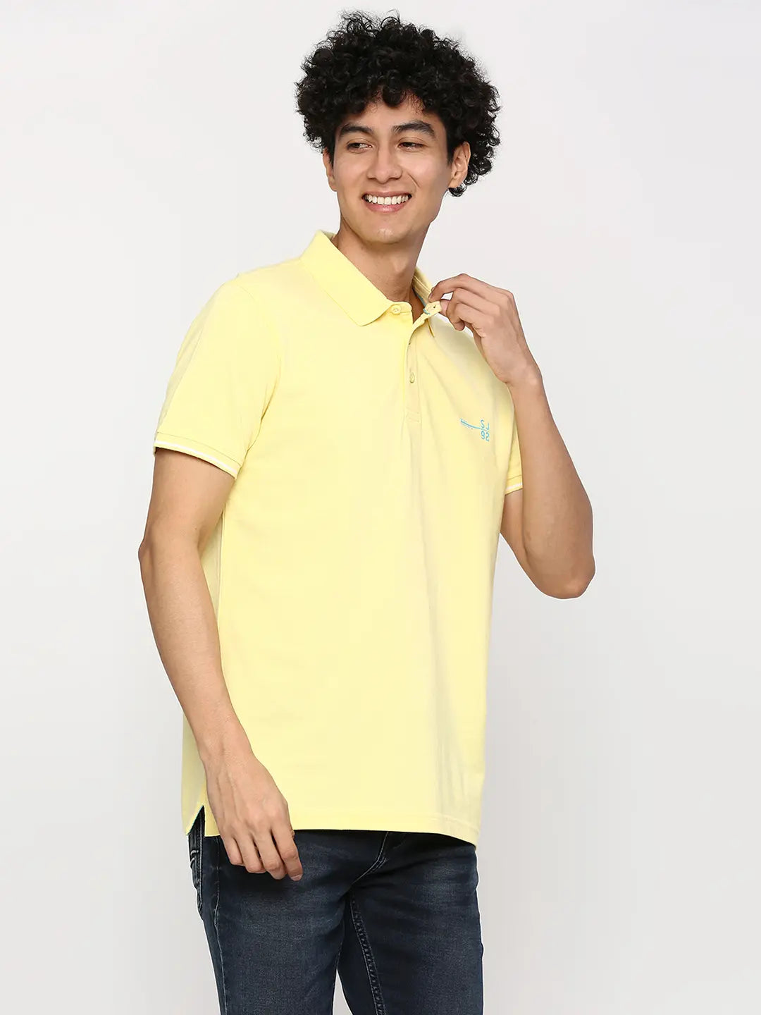 Spykar Men Butter Yellow Cotton Slim Fit Plain Polo Neck Tshirt