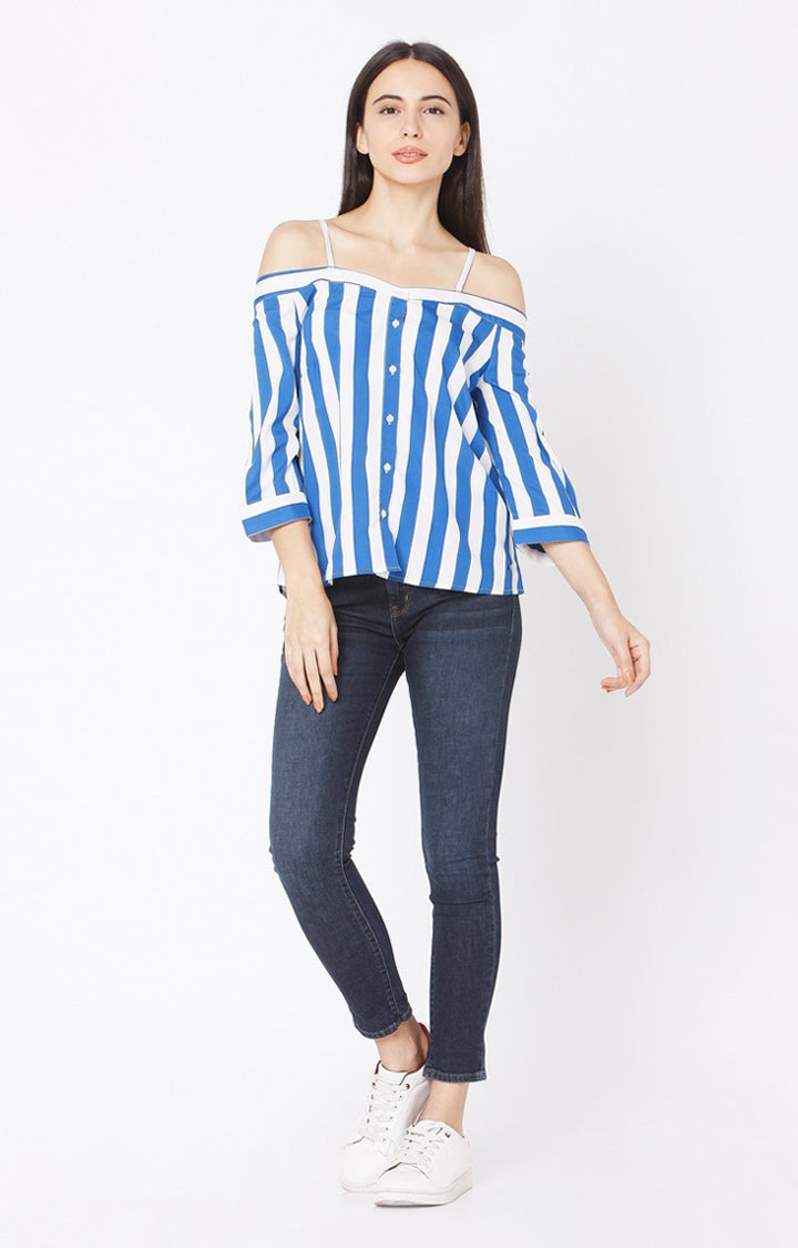 Spykar Slim Fit Blue Cotton Women Off Shoulder Stripe Top