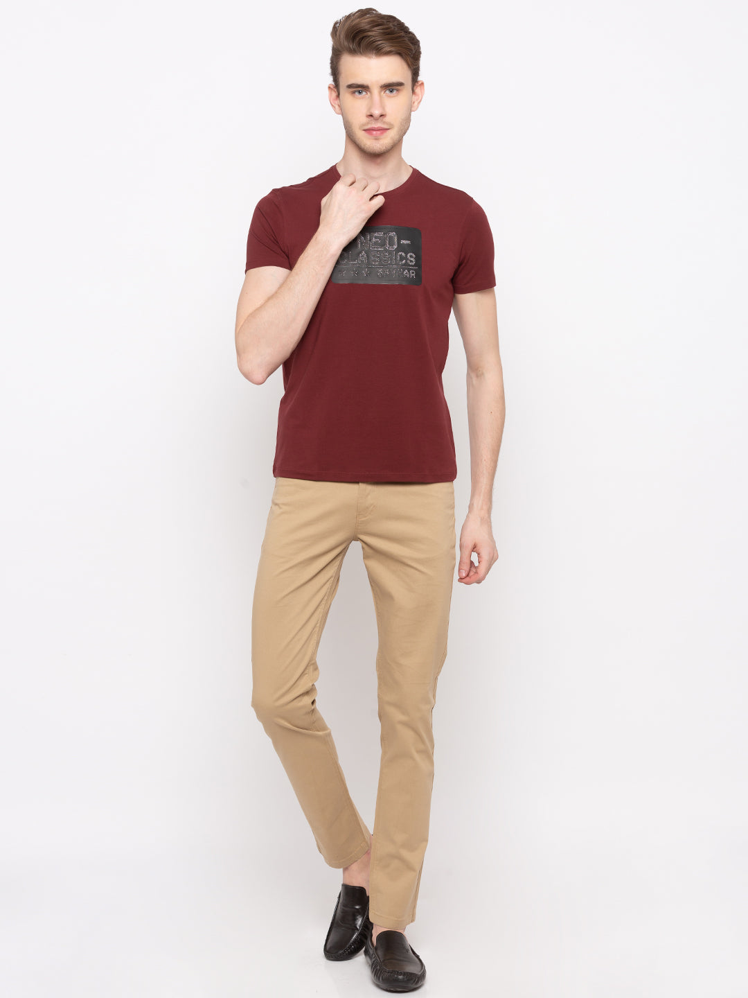 Spykar Red Cotton Slim Fit T-Shirt For Men