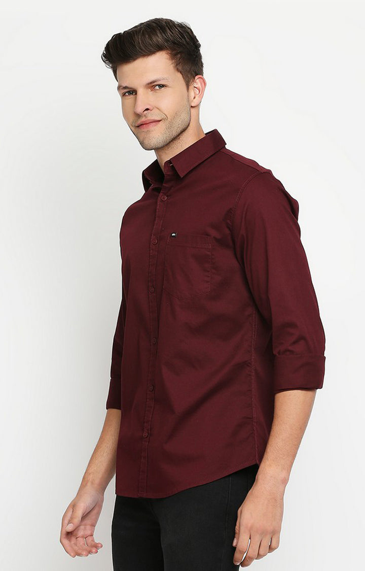 Spykar Wine Red Cotton Full Sleeve Plain Shirt For Men