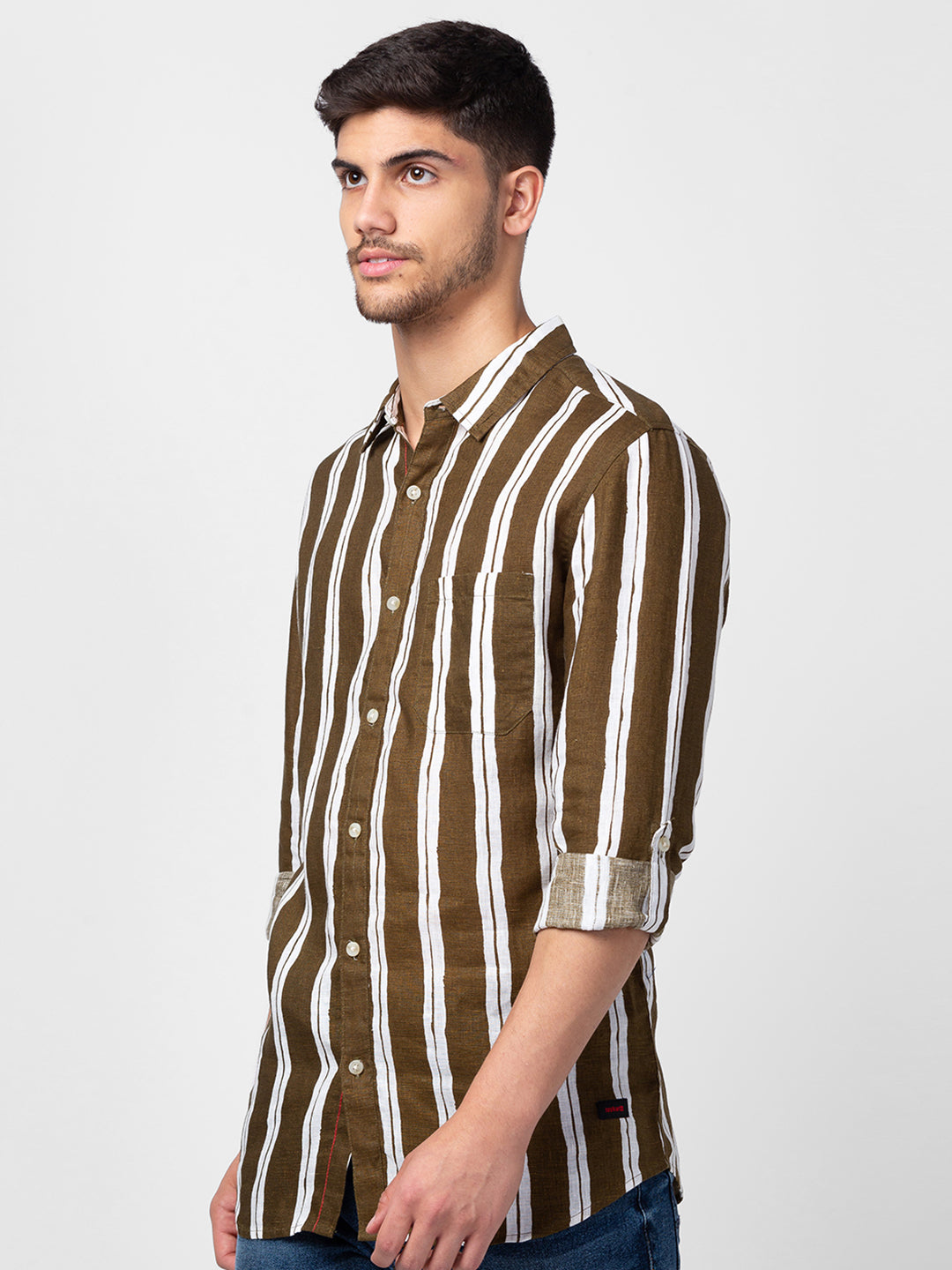 Spykar Men Military Green Cotton Slim Fit Striped Shirt