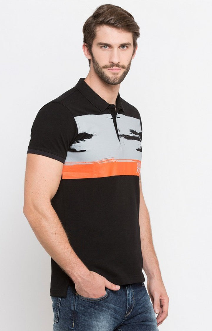 Spykar Black Printed Slim Fit Polo T-Shirt