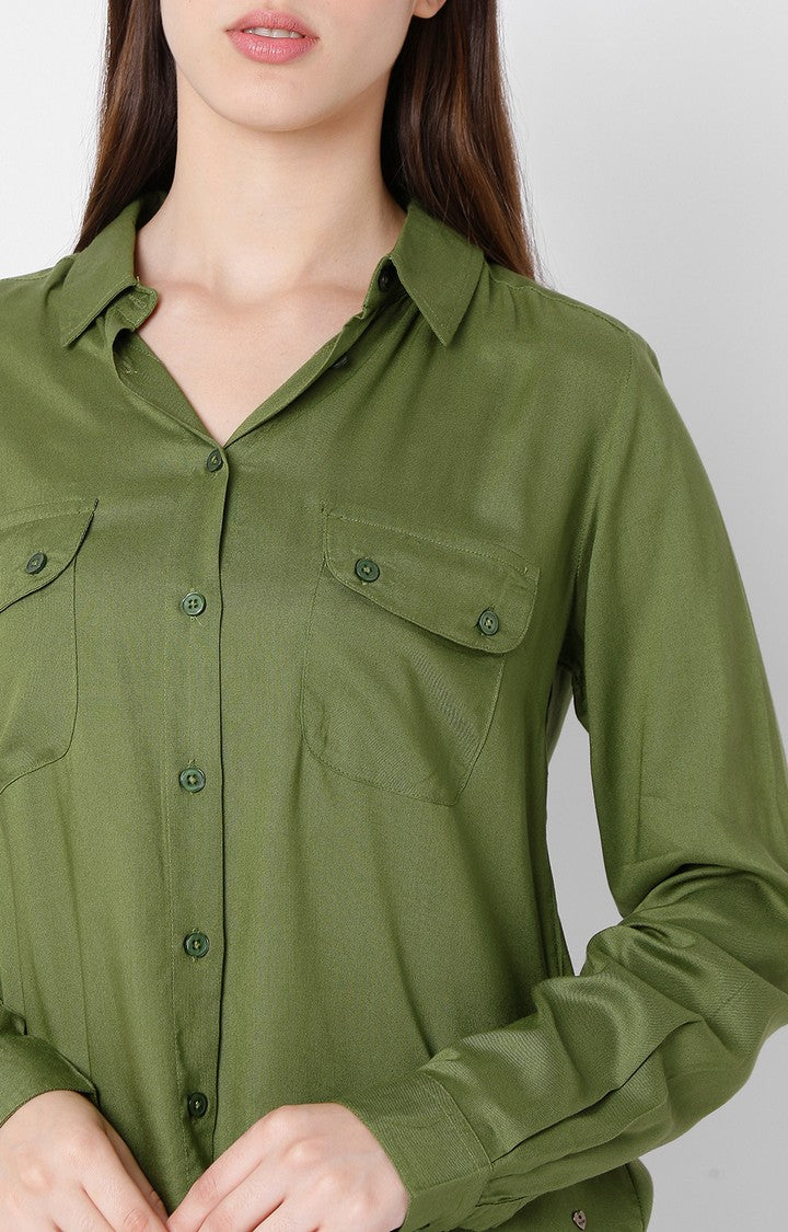 Spykar Regular Fit Green Cotton Women Shirts