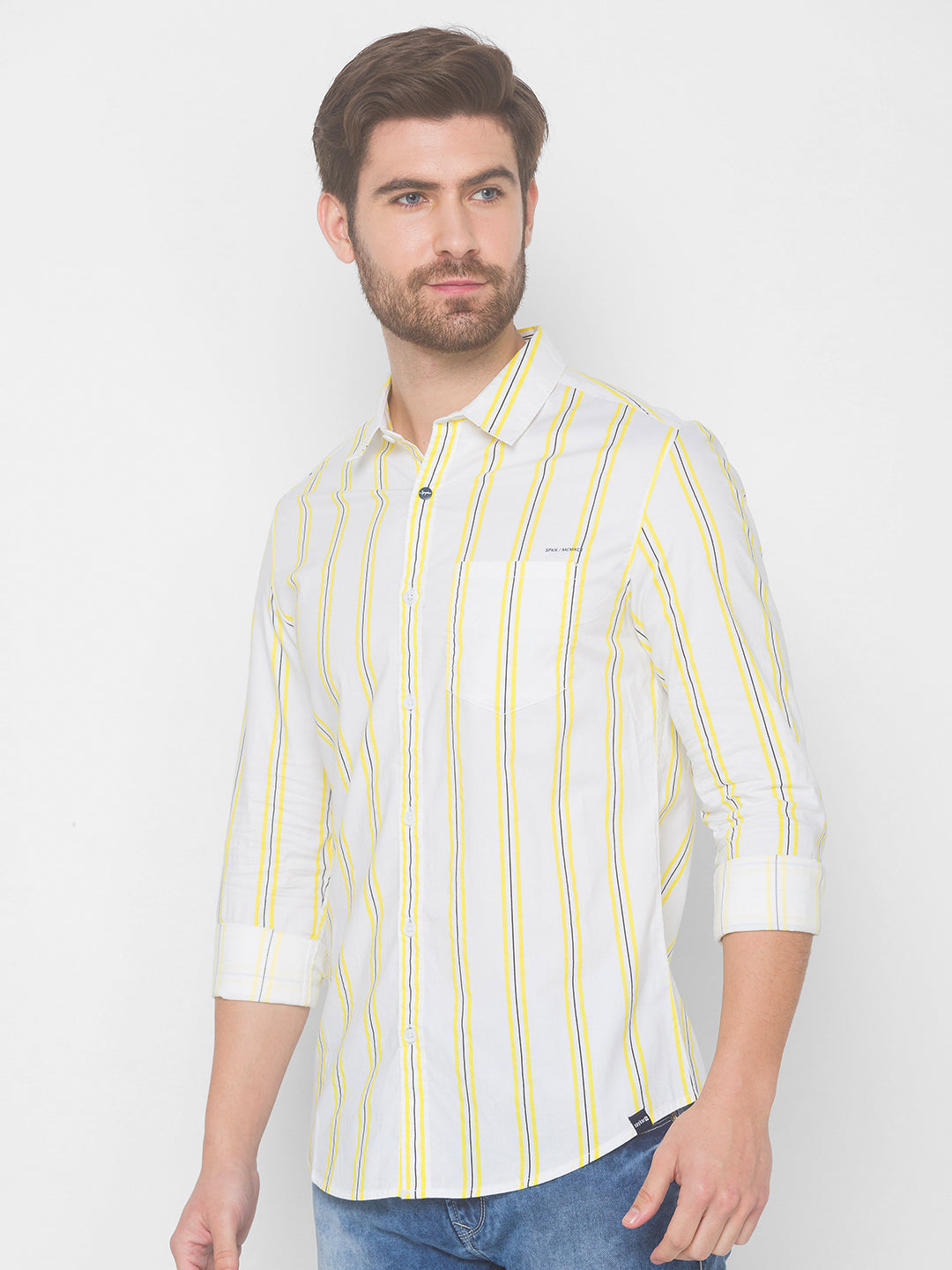 Spykar Men Pastel Yellow Cotton Slim Fit Shirt