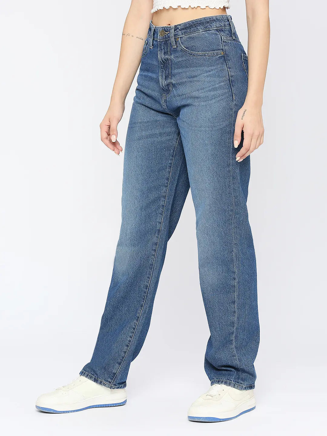 Spykar Women Mid Blue Cotton Straight Fit - Clean Look High Rise Jeans-(Bella)