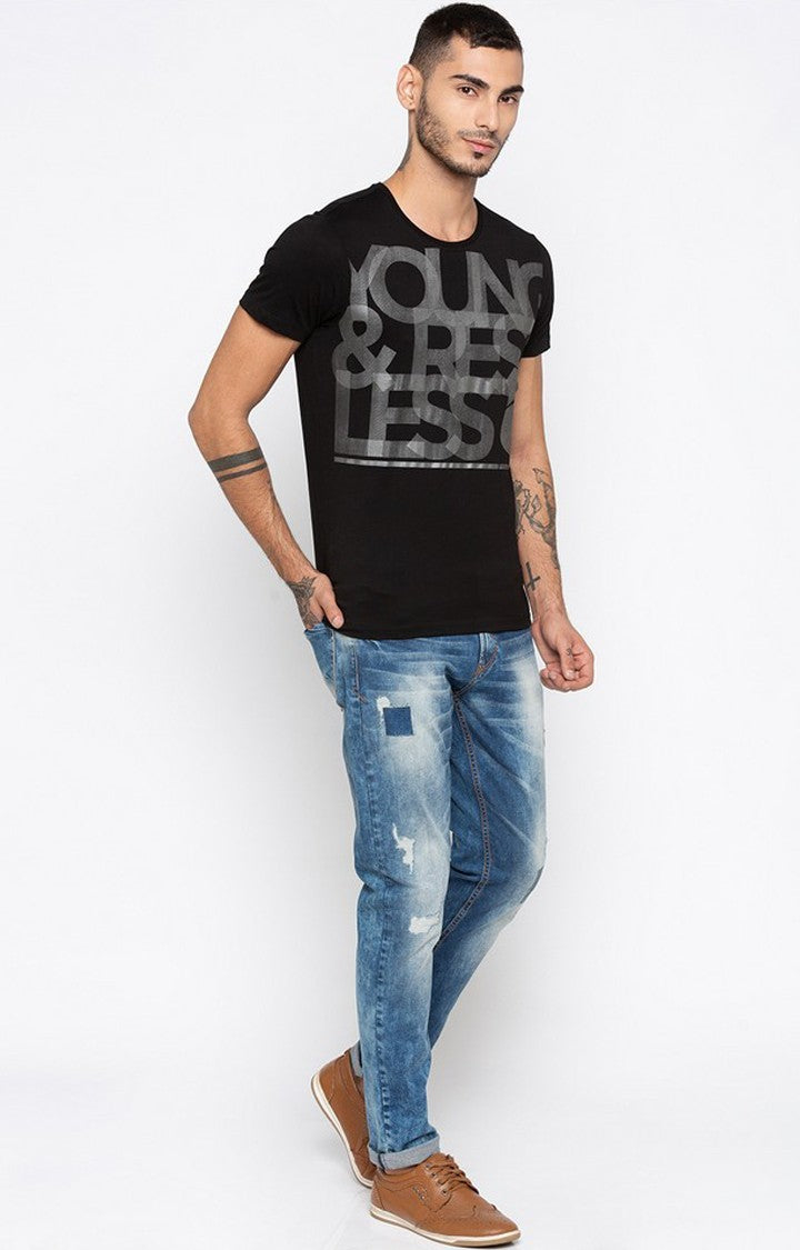 Spykar Black Printed Slim Fit Men T-Shirts