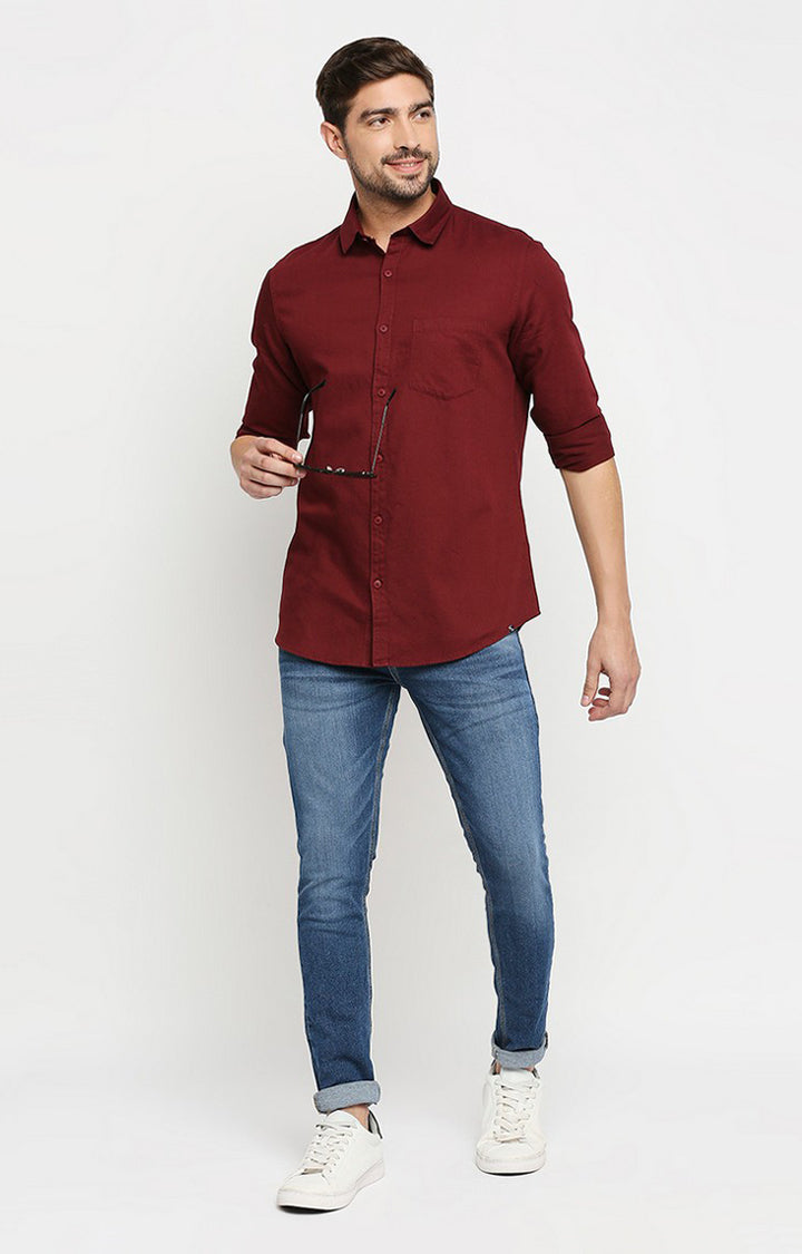 Spykar Men Maroon Cotton Regular Fit Full Sleeve Casual Shirt