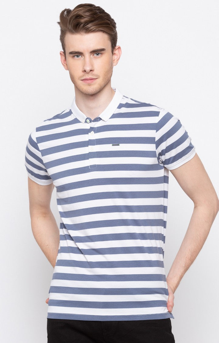 Spykar Blue Cotton Slim Fit Polo T-Shirt For Men