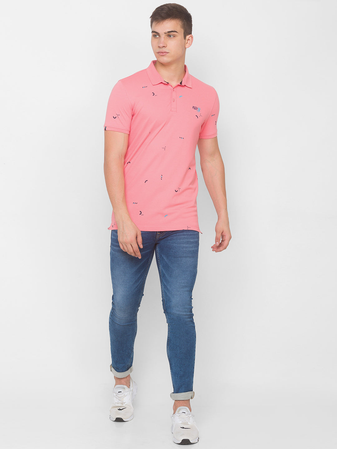 Spykar Men Pink Cotton Slim Fit Polo T-Shirt