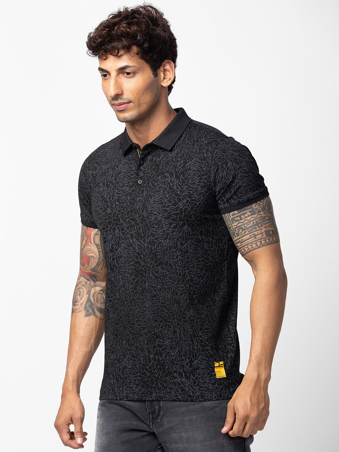 Spykar Men Black Cotton Regular Fit Half Sleeve Printed Polo T-Shirt