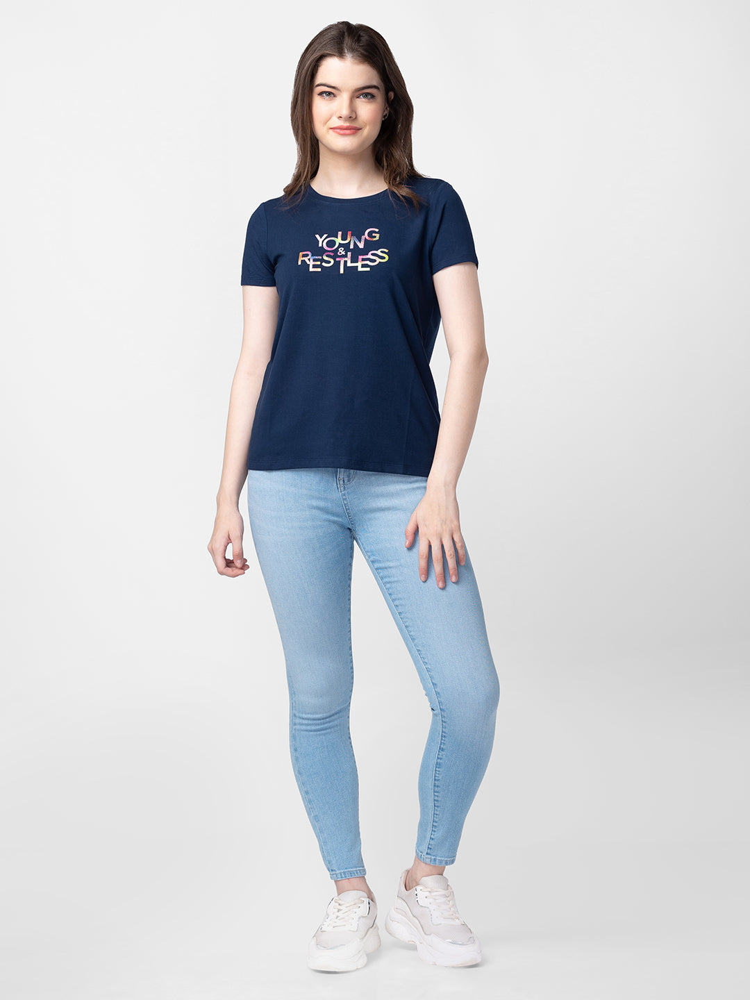 Spykar Women Navy Blue Cotton Slim Fit Printed T-Shirts