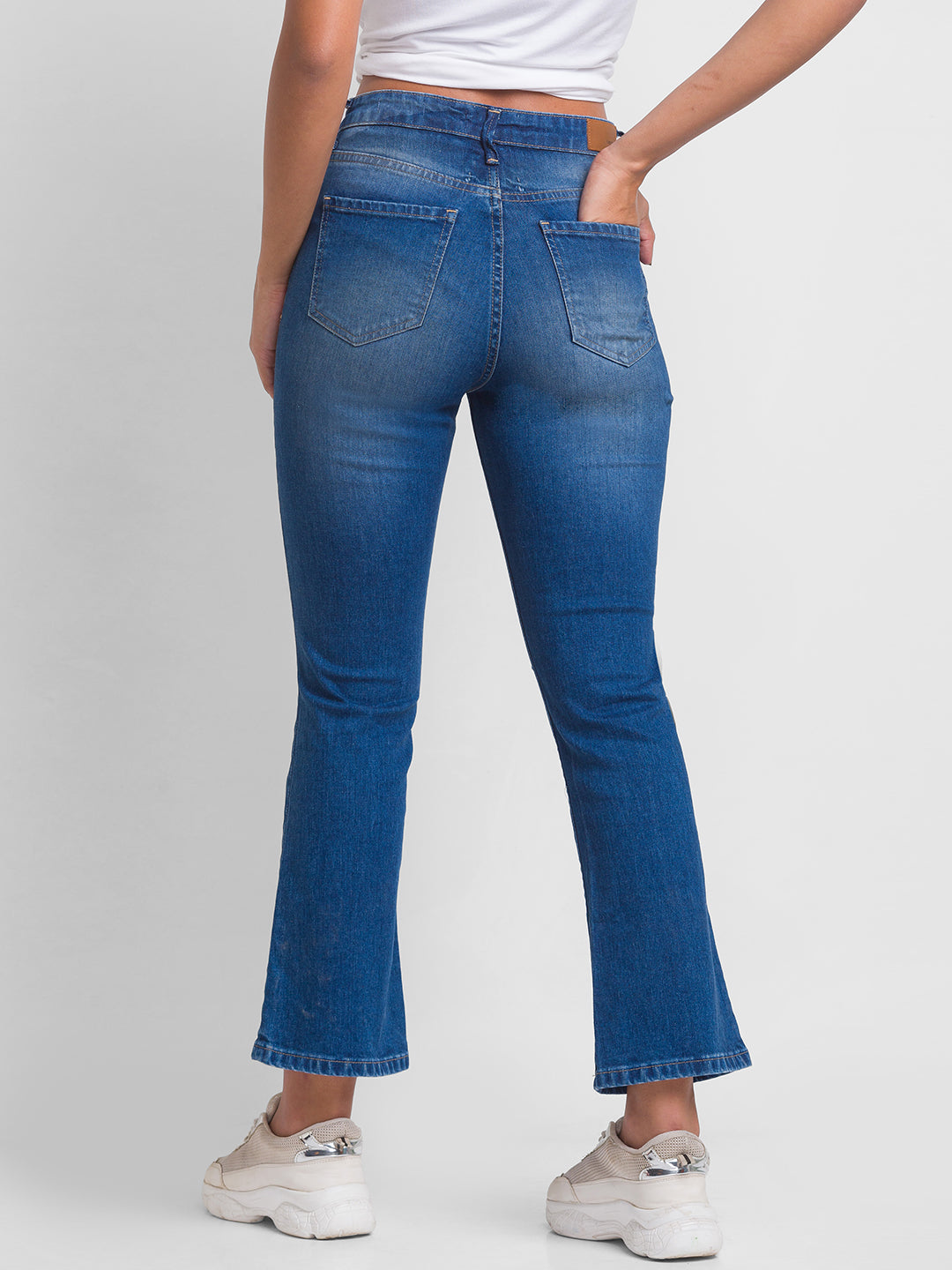 Spykar Dark Blue Lycra Flare Fit Ankle Length Jeans For Women (Elissa)