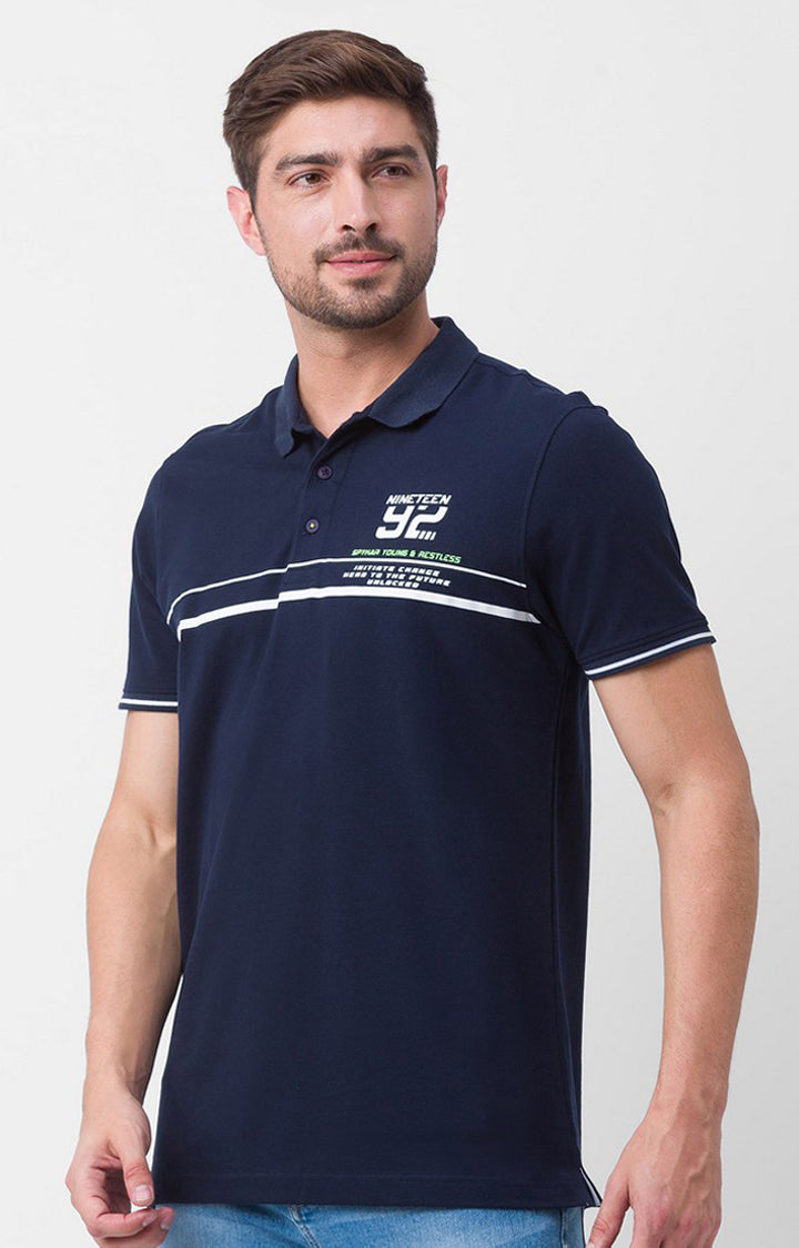 Spykar Navy Blue Cotton Half Sleeve Printed Casual Polo T-Shirt For Men