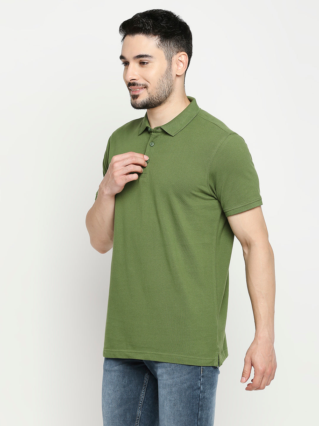 Spykar Cactus Green Cotton Half Sleeve Plain Casual Polo T-Shirts For Men