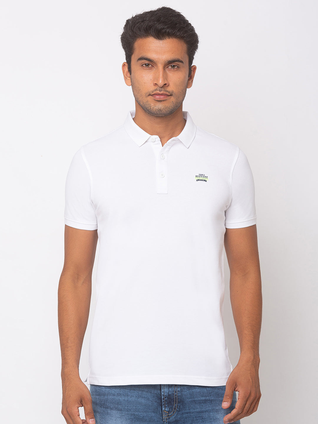 Spykar Men White Cotton Slim Fit Polo T-Shirt