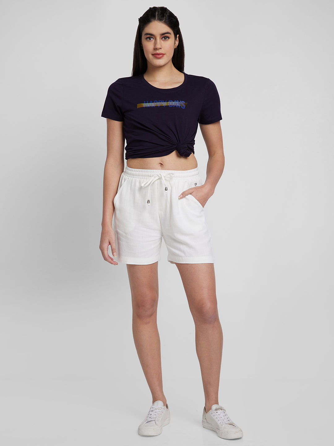 Spykar Women White Cotton Blend Regular Fit Shorts