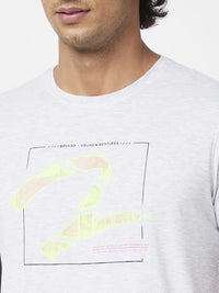 Spykar Men Ash Melange Blended Slim Fit Half Sleeve Round Neck Printed Tshirt