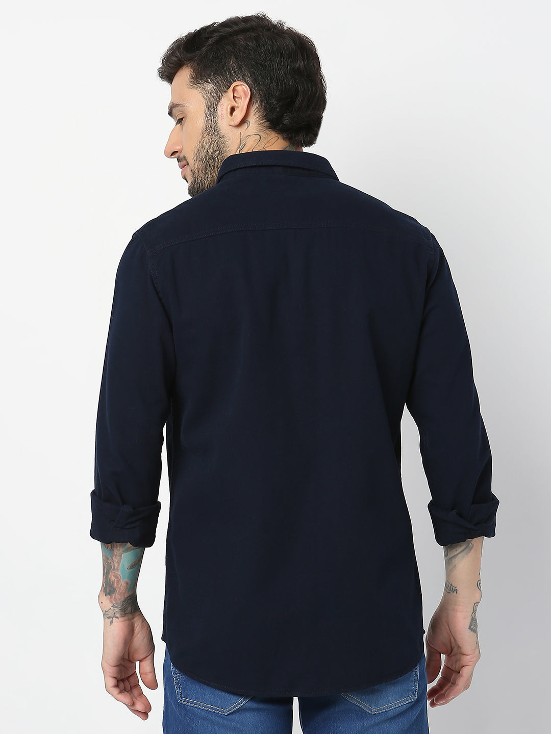 Spykar Men Navy Blue Cotton Slim Fit Plain Shirts